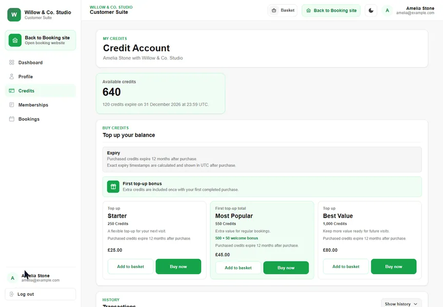 Buy and review Credits recorded in the real Booking Tree interface with dummy data