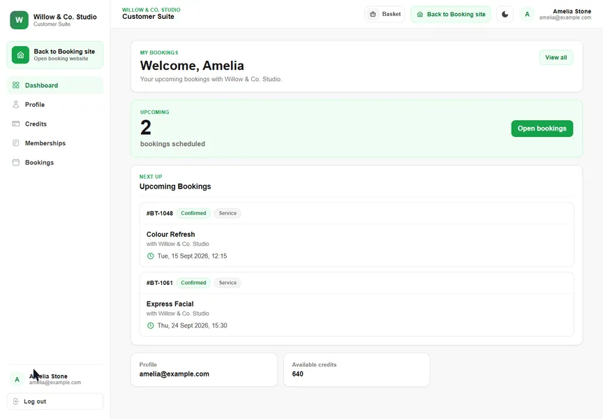 Customer Suite walkthrough recorded in the real Booking Tree interface with dummy data