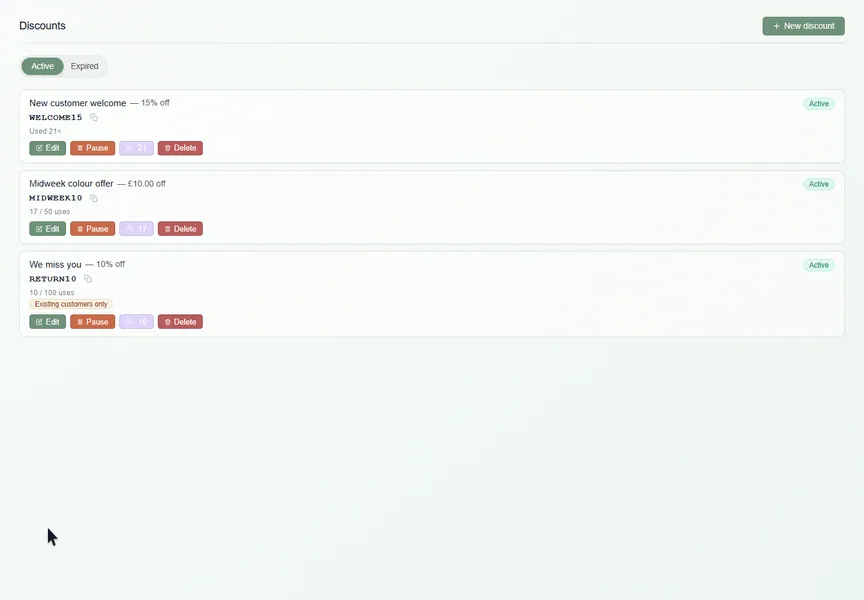 Create a discount recorded in the real Booking Tree interface with dummy data