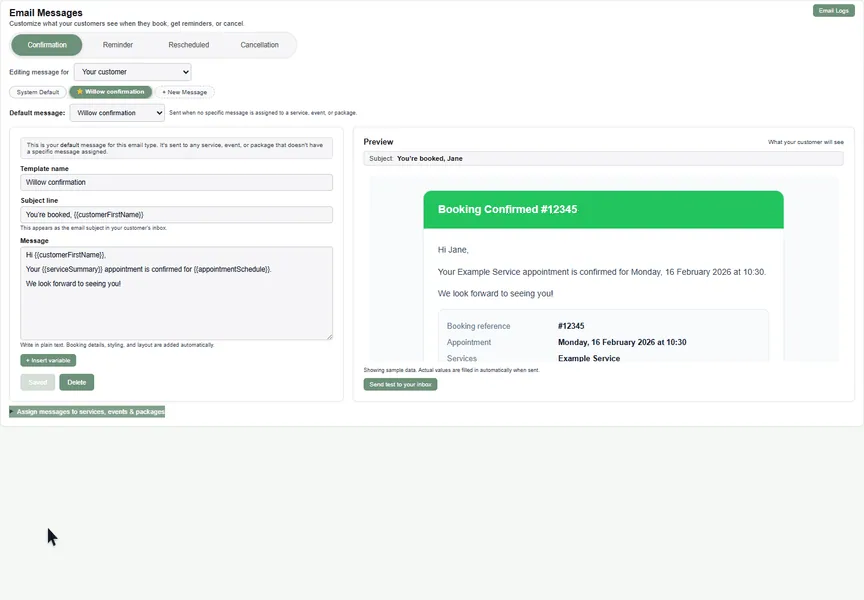Tailor an email reminder recorded in the real Booking Tree interface with dummy data