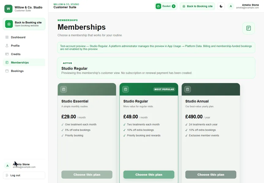 Compare membership plans recorded in the real Booking Tree interface with dummy data