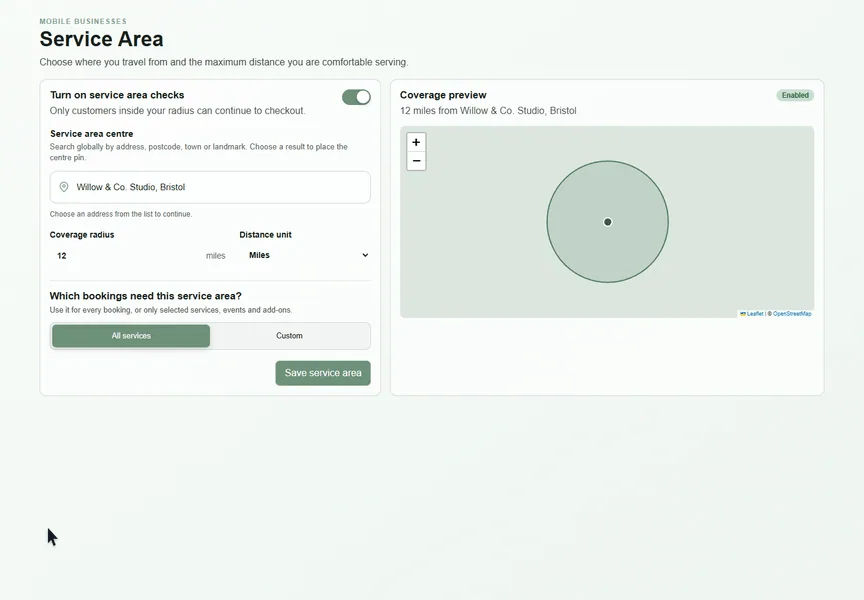 Configure a service area recorded in the real Booking Tree interface with dummy data